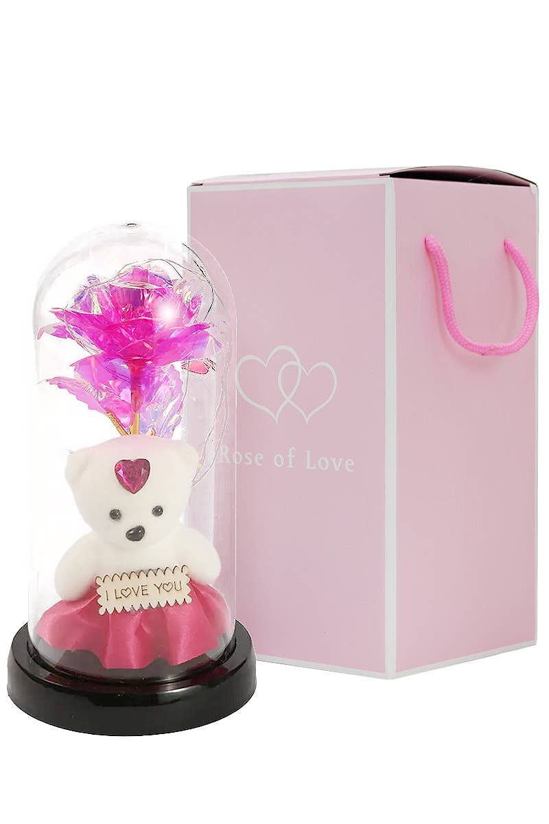 Teddy Bear Galaxy Rose Glass Dome LED Light Stand