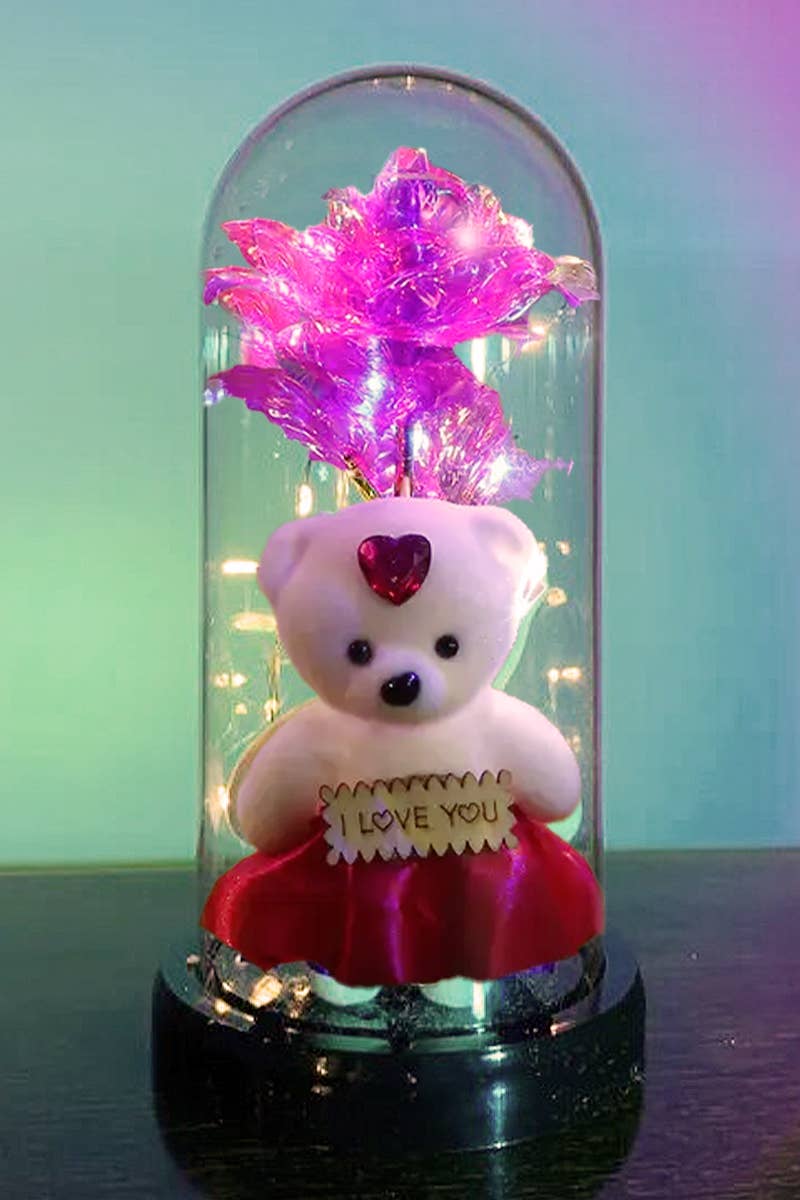 Teddy Bear Galaxy Rose Glass Dome LED Light Stand