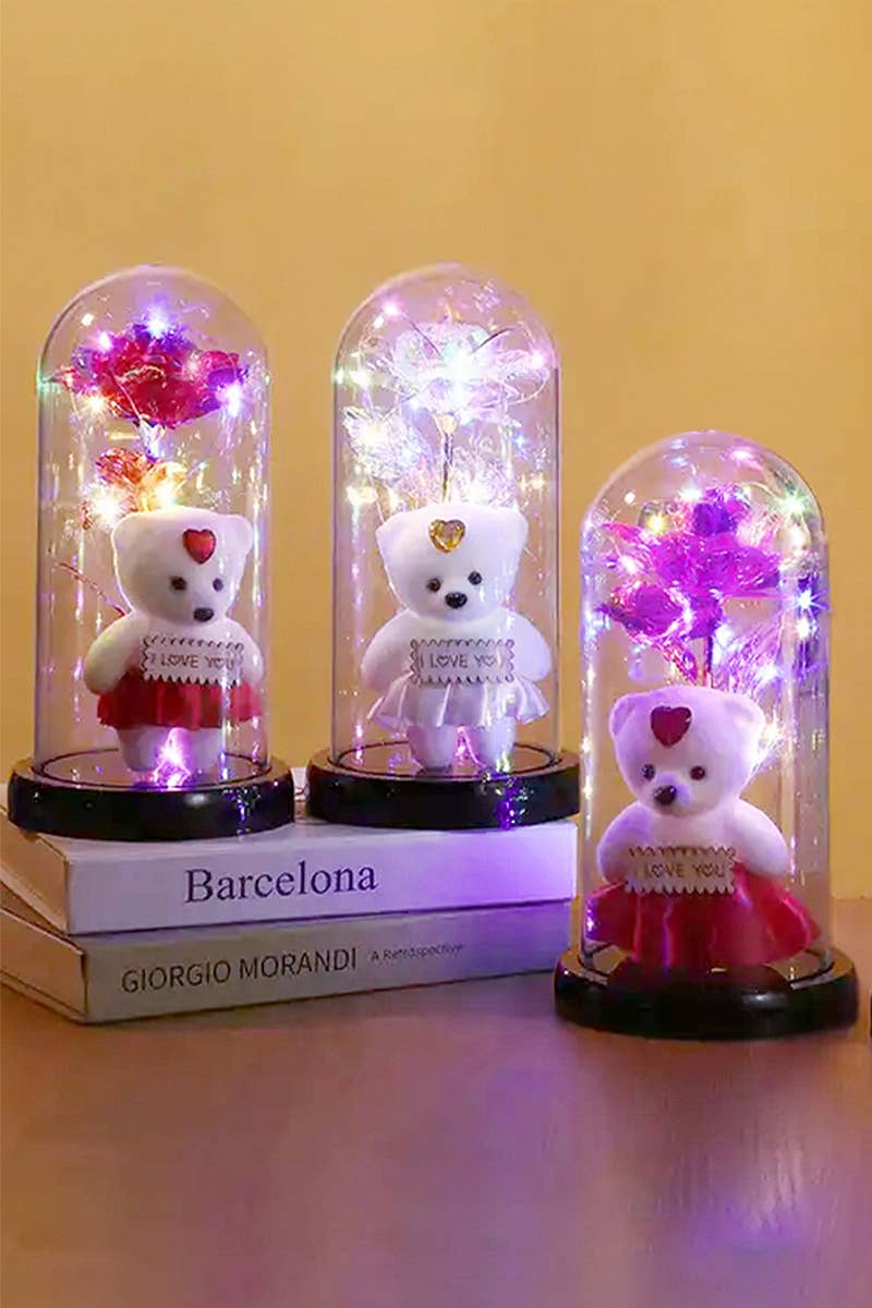 Teddy Bear Galaxy Rose Glass Dome LED Light Stand