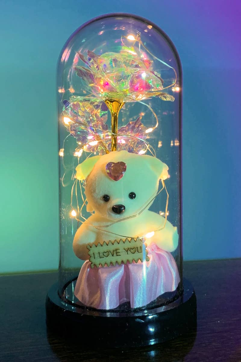 Teddy Bear Galaxy Rose Glass Dome LED Light Stand