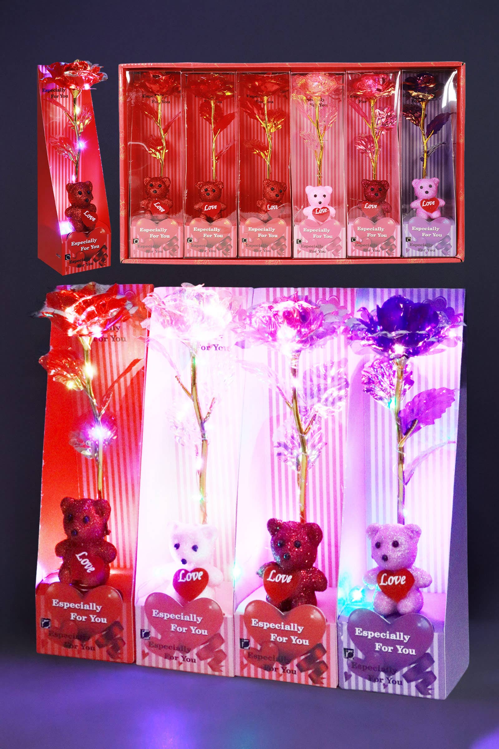 Teddy Bear Galaxy Rose Led Light Heart Gift Box - 6 pcs