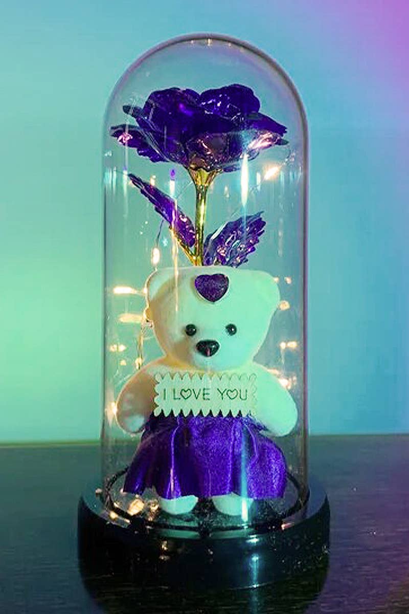 Teddy Bear Galaxy Rose Glass Dome LED Light Stand