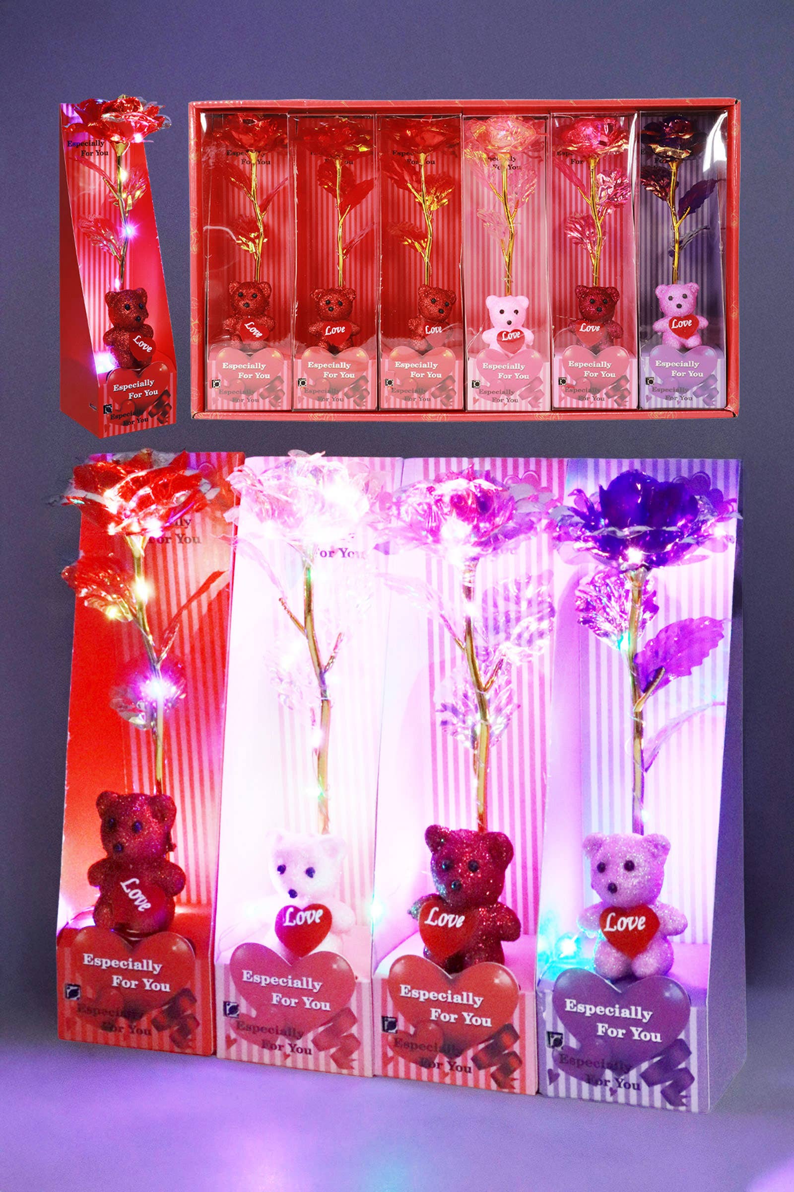 Teddy Bear Galaxy Rose Led Light Heart Gift Box - 6 pcs